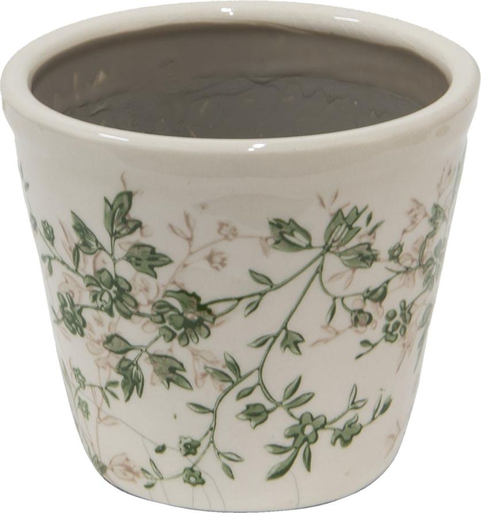 A ceramic pot with a floral pattern.