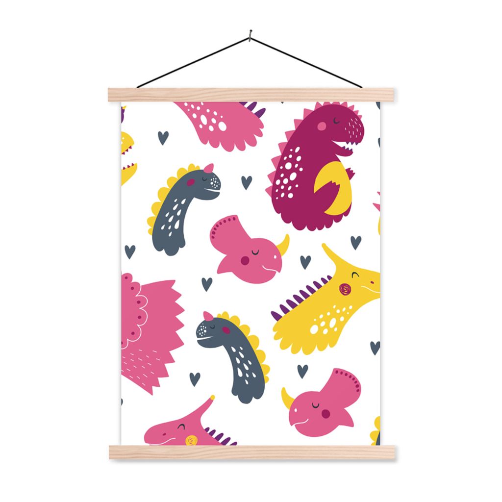 MuchoWow Textilposter Dino - Muster - Kind - Rosa - Mädchen 120x160 cm mit holzfarbenen Rahmen - Plakatkarton