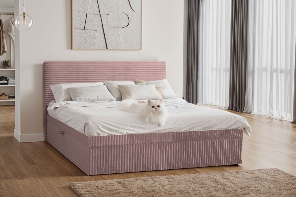 Kaiser Möbel Boxspringbett mit bettkasten und topper TRENTO, ohne Bein stoff Plüsch Cord 140x200 cm Rosa H2-Pocket