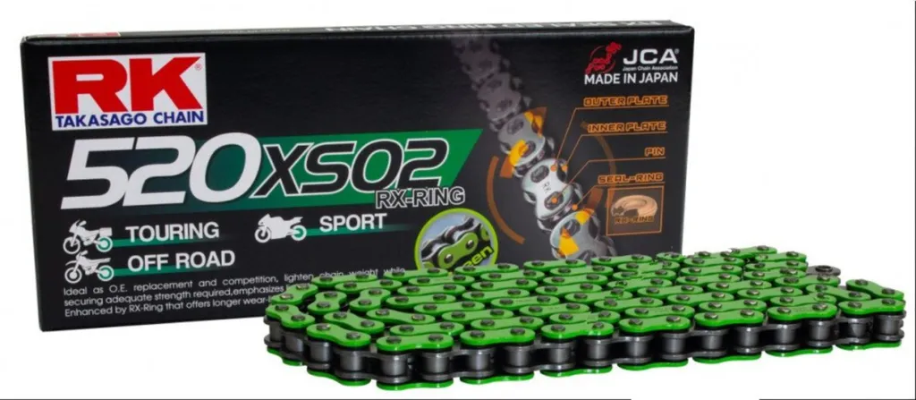 Chaîne RK 520XSO2 Verte Anti-Friction X-Ring 114 Maillons Moto