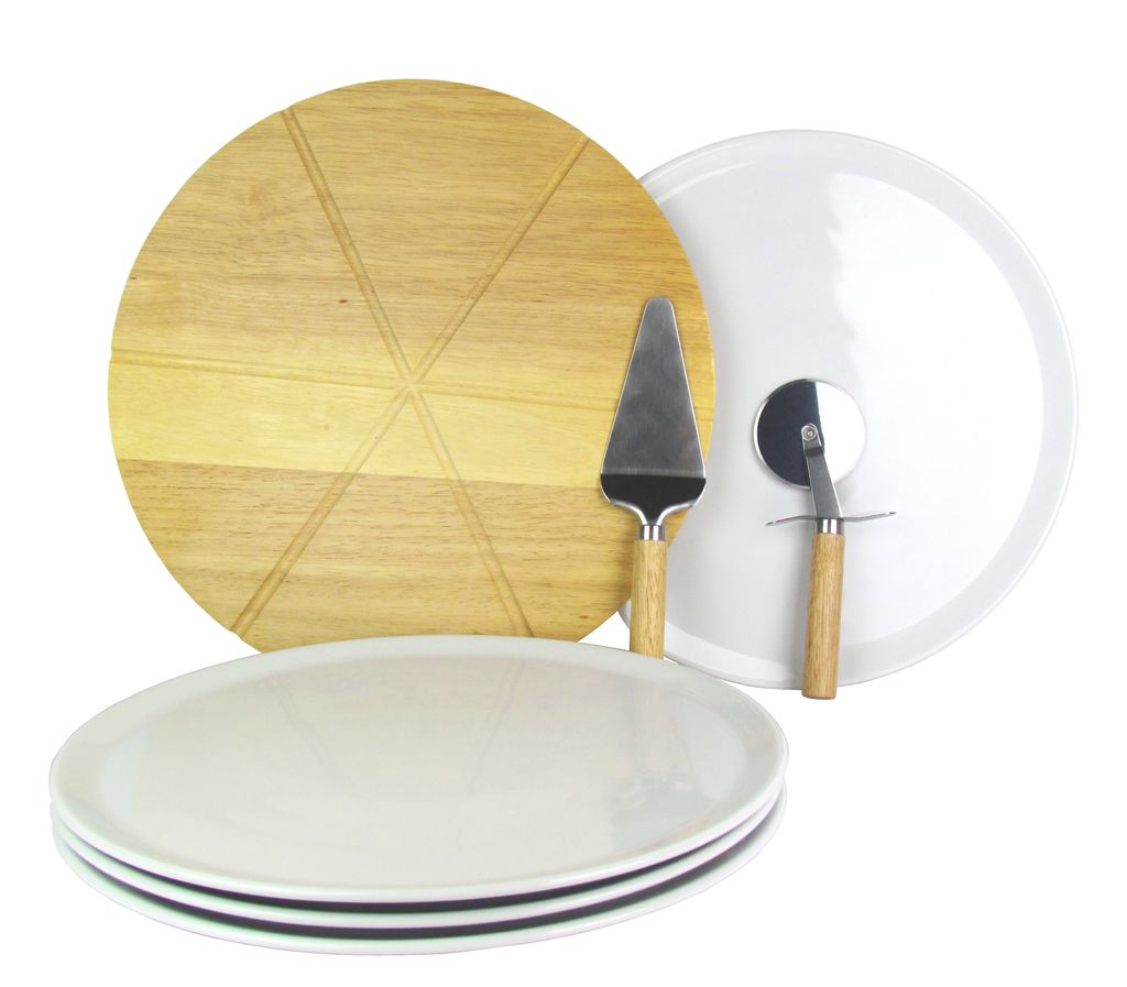 4er Set Retsch Arzberg Pizzateller Ø 33cm inkl. Echtholz Pizzabrett Ø 35cm Edelstahl Pizzaschneider & Pizzaheber