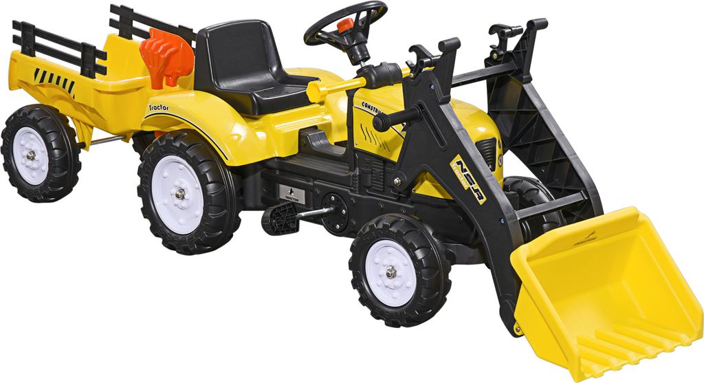 HOMCOM Trettraktor mit Anhänger, Tretfahrzeug mit Schaufel, Kinderfahrzeug Traktor für ab 3 Jahren Kinder, Gelb