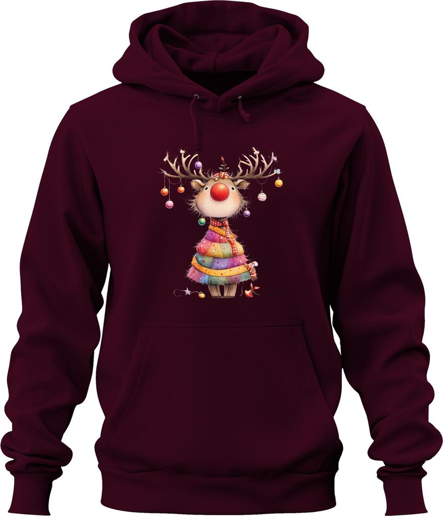 Rentier rote Nase Geweih Weihnachtskugeln Patchwork Weihnachten Uni Hoodie Kapuzenpullover, Burgundy, S