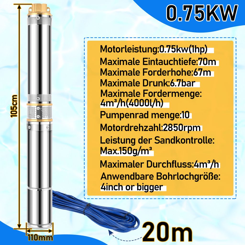 Produktbild von Tiefbrunnenpumpe 1100W – Edelstahl, Max. 81 M Förderhöhe, 4000 L/h, 8,1 Bar – Mit Sandschutzsieb, 20 M Kabel – Für Brunnen, Zisternen & Gartenbewässerung