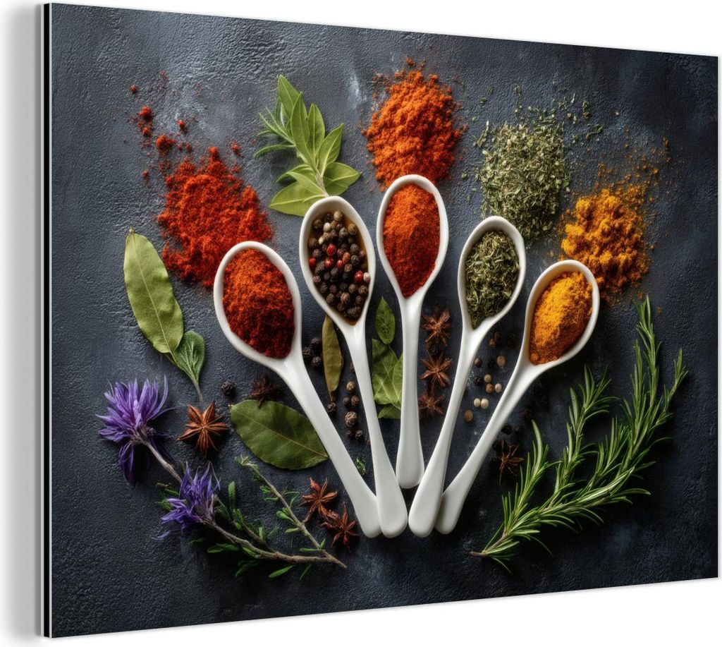 MuchoWow Wanddekoration Metall Metallbild Wandkunst 150x100 cm Löffel - Weiß - Pulver - Gewürze MuchoWow Aluminium Gemälde - Alu Dibond Bild