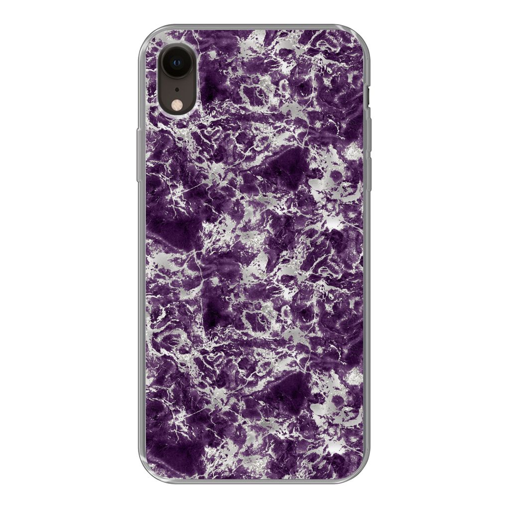 MuchoWow Handyhülle Schutzhülle Hülle für iPhone XR Marmor - Lila - Silber - Muster Silikon Softcase Handy Hülle - Schutzdeckel