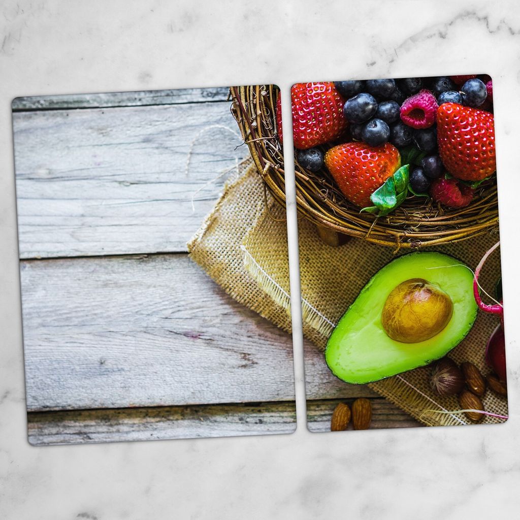 Glas-Herdabdeckplatten Glaskeramikkochfeld-Abdeckung Spritzschutz Schneidebrett Zweiteilige Glas 70x52 cm Obst Holz