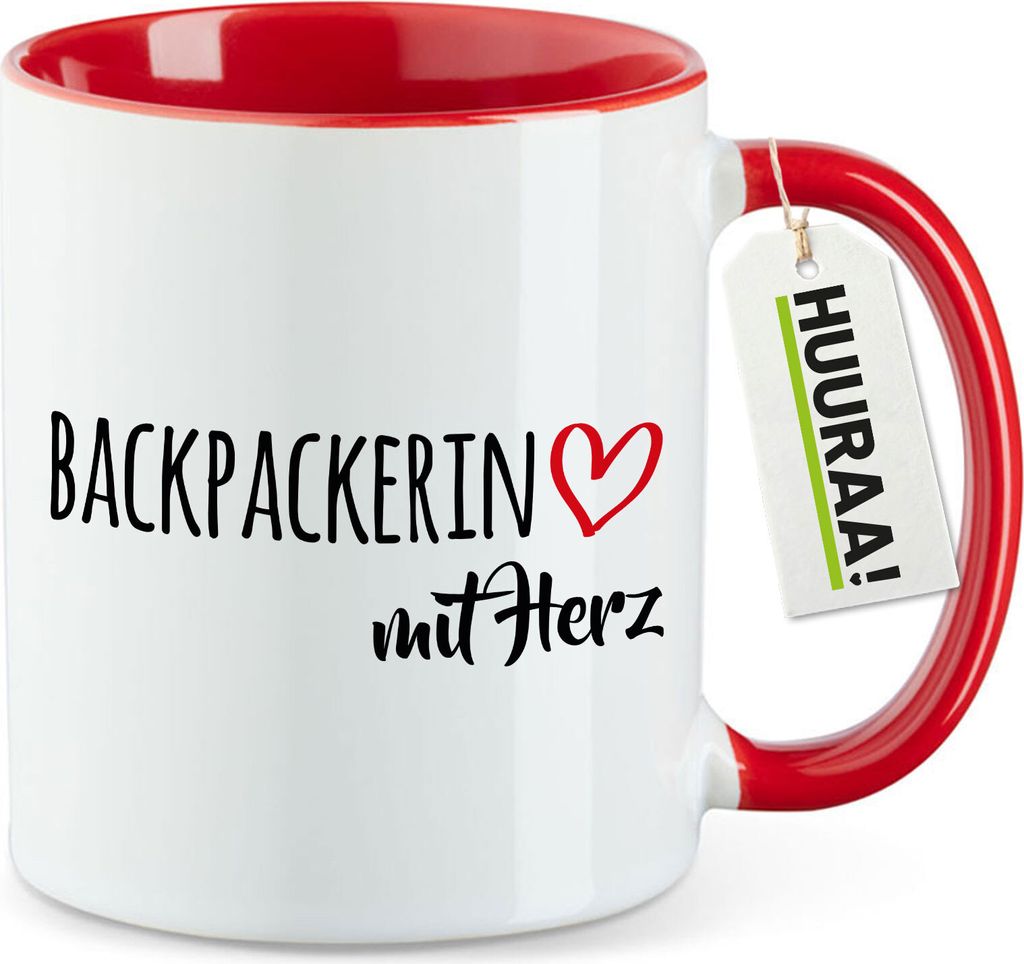 Huuraa Kaffeetasse Backpackerin mit Herz 330ml Rot Keramik Kaffeebecher Geschenkidee