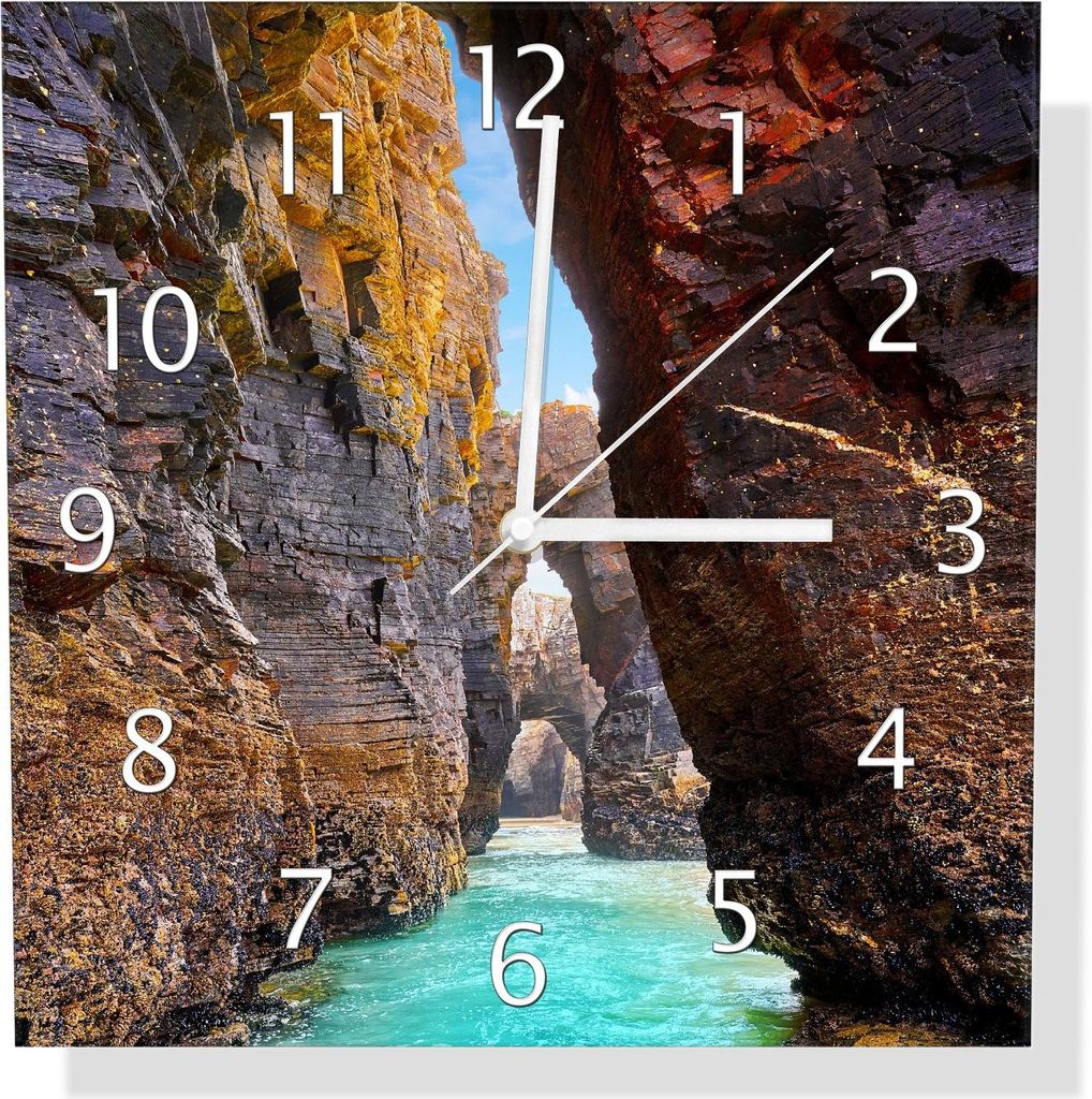 Wallario Design Wanduhr Tor zum Ozean aus Echtglas, Größe 30 x 30 cm