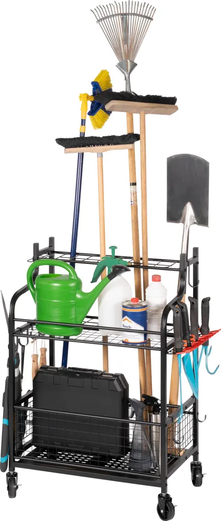 organizzatore di attrezzi da giardino eluno, carrello porta attrezzi con ripiani e cestini, supporto per scope, rastrelli, rastrelli in acciaio nero