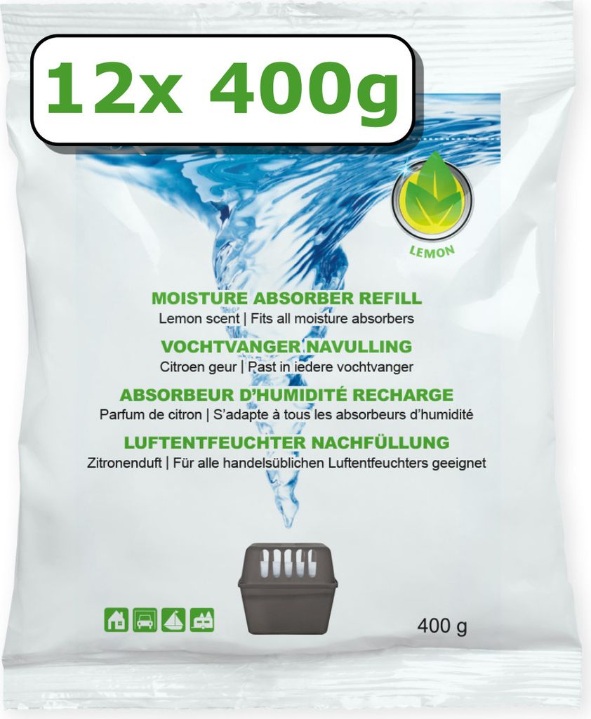 12x Luftentfeuchter Nachfüllung - 400 Gramm - lemonduft - Granulat im Vliesbeutel - Feuchtigkeit Absorber Nachfüllpack