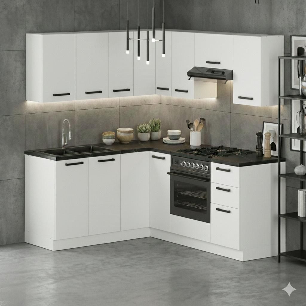 ULWEHOME | Eckküche 360 cm Mattweiß, Küchenmöbel-Set mit Produktbild 