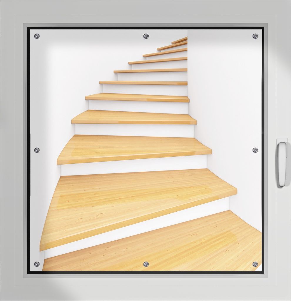 Wallario Lichtschutzbild, Dekorativer Sichtschutz Sonnenschutz 96 x 100 cm mit Motiv: Wendeltreppe aus hellem Holz - Verdunklung ohne Bohren