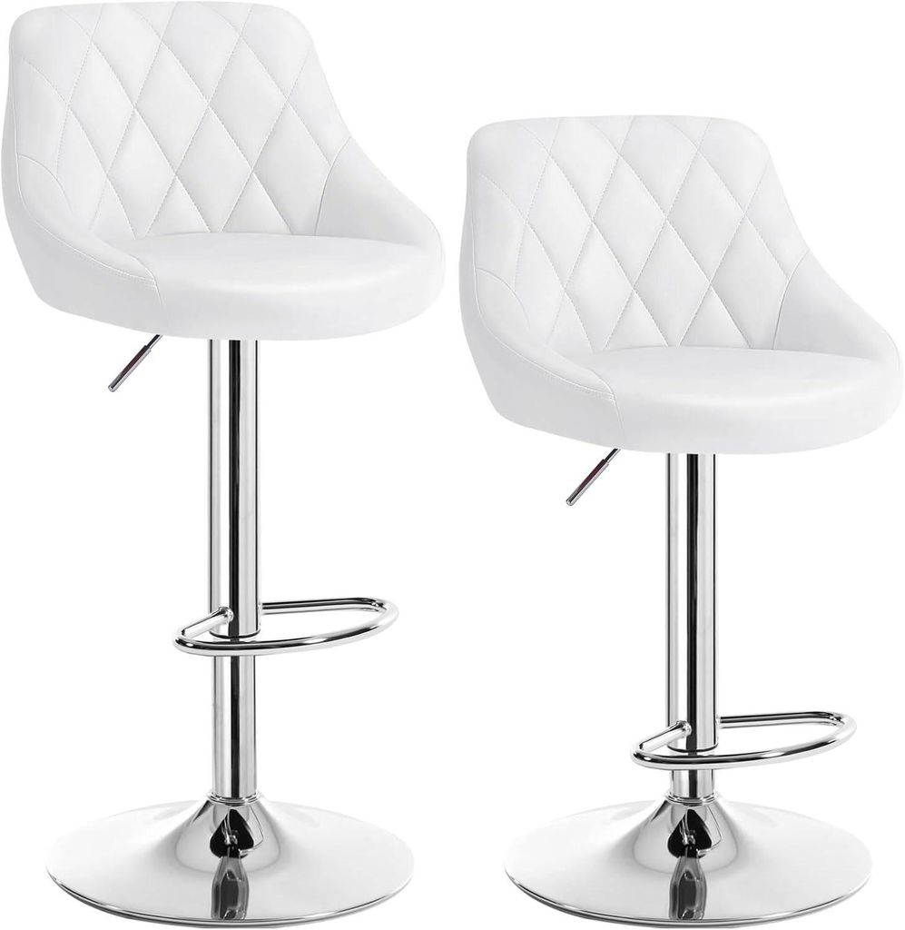 Two white bar stools with chrome bases and adjustable height.