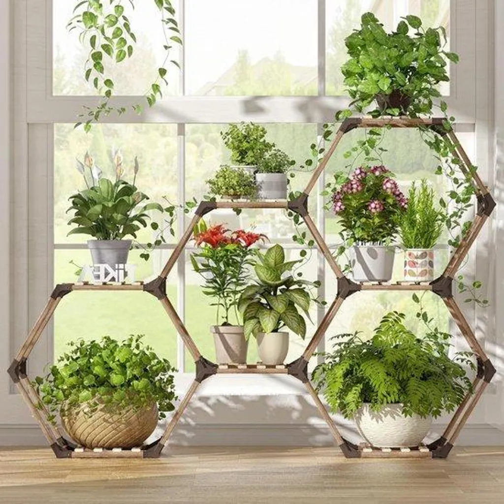 Support à plantes hexagonal en bois 7 étages 141 cm - Modèle Naturel V3