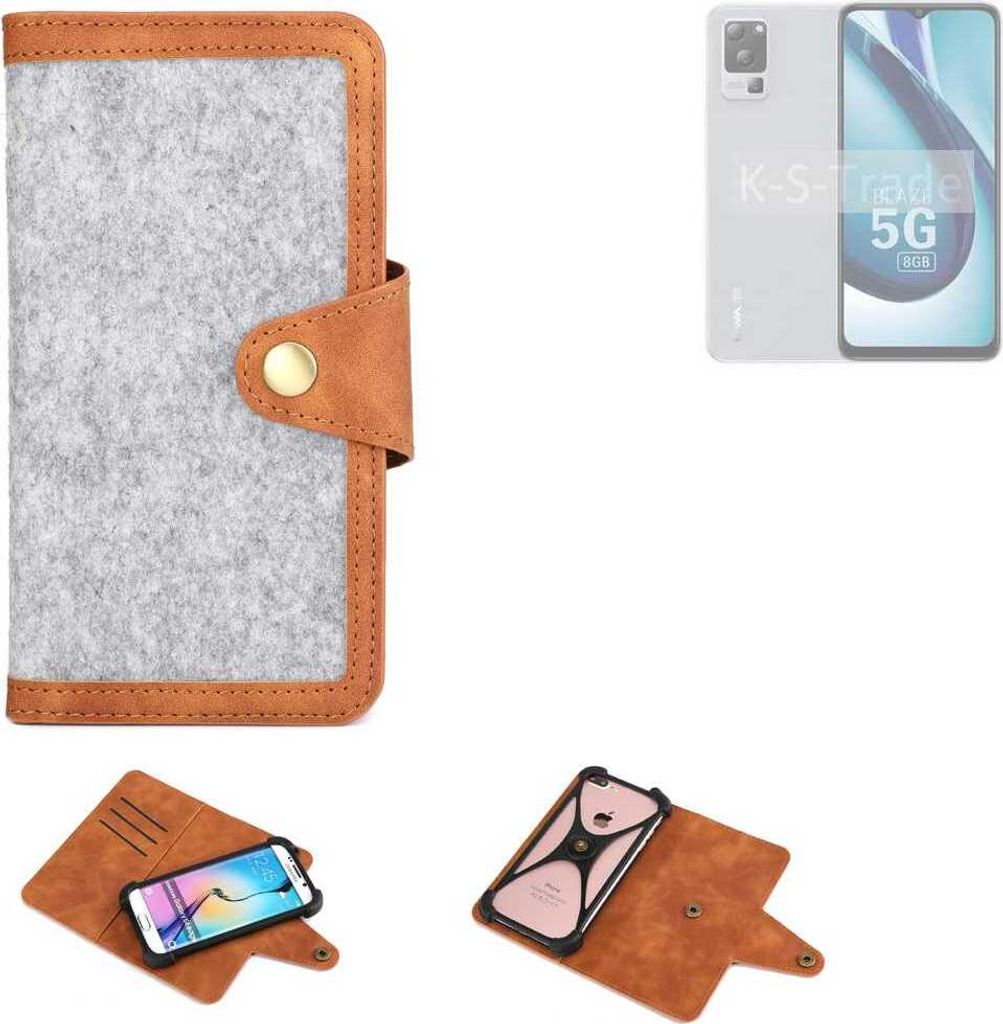 K-S-Trade Handyhülle kompatibel mit Lava Blaze 1X 5G Schutzhülle Filz-Hülle Kunst-Leder hellgrau braun (1x)