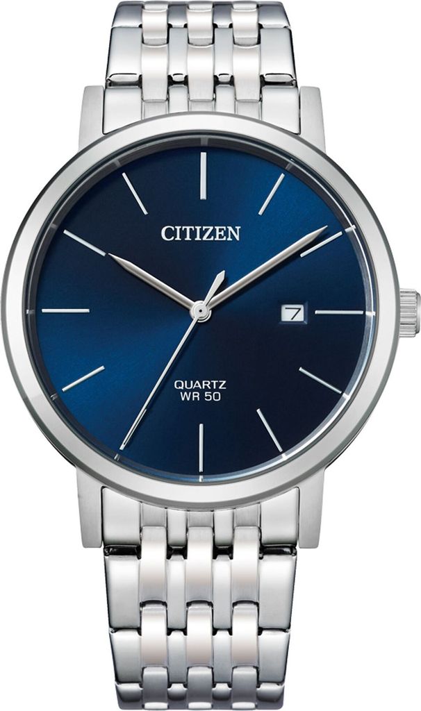 A close-up studio shot of a men's wristwatch with a blue dial and silver metal band.
