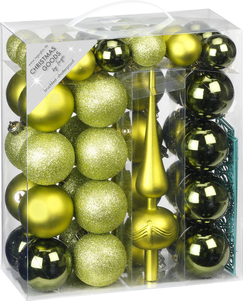 Weihnachtskugeln mit Christbaumspitze Kunststoff, 47er Set, Farbe:Olive Green-Mix - olivgrün
