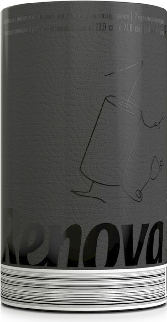 A roll of black paper towels with a subtle textured pattern and a line drawing of a sewing needle and thread.