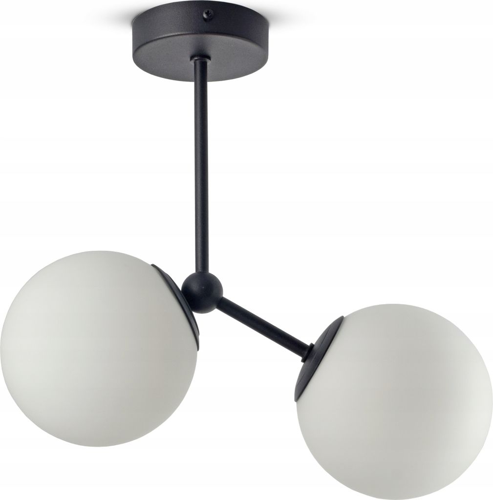 A black ceiling lamp with two white glass globes.