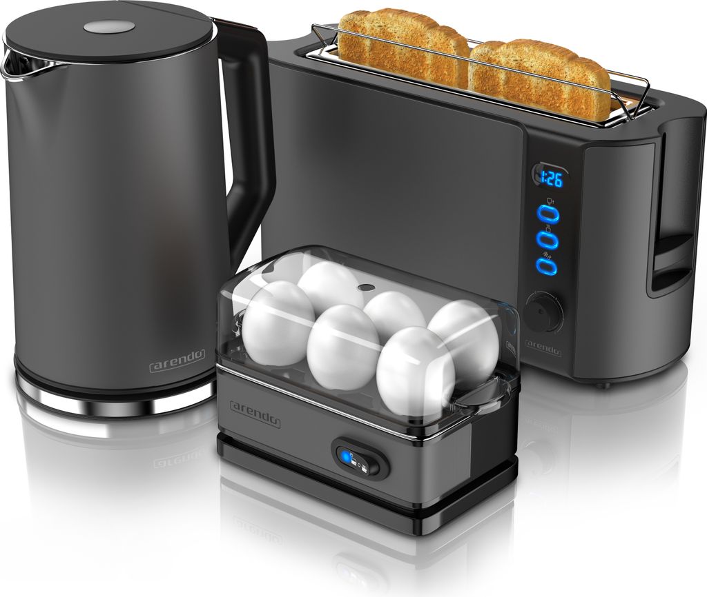 Arendo Frühstücks Set in Grau - Wasserkocher / Langschlitz Toaster / Eierkocher