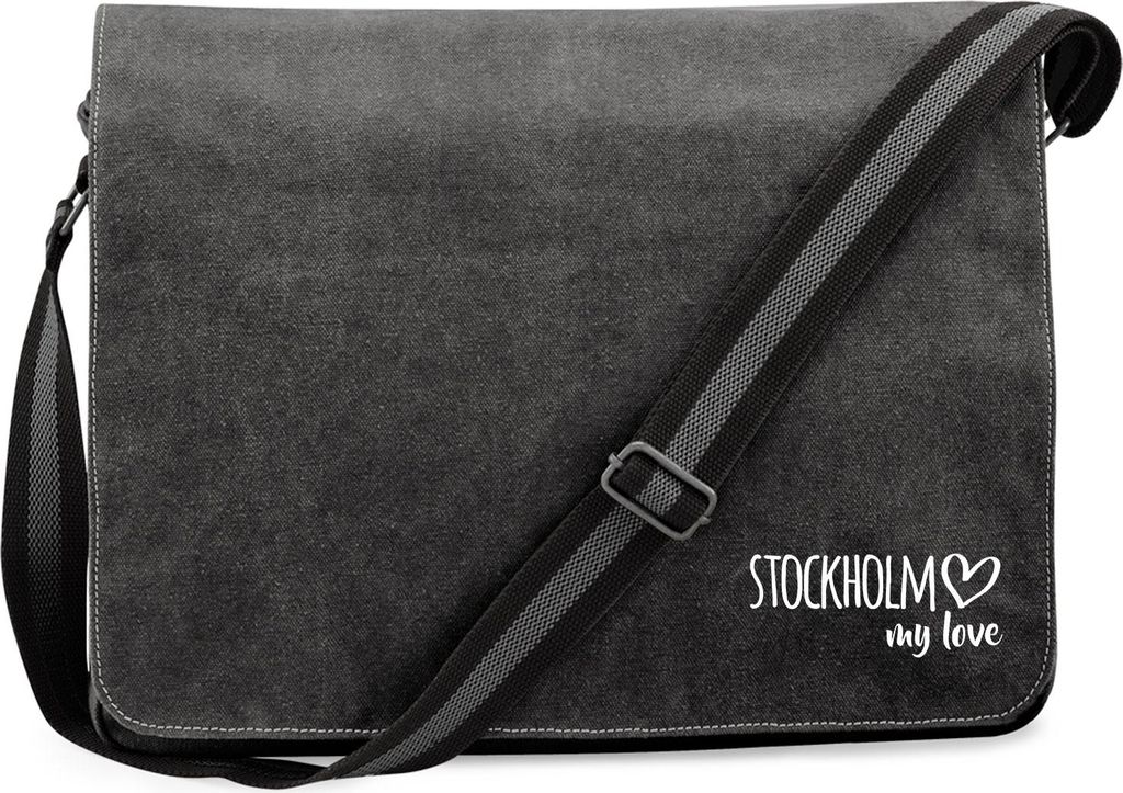 Huuraa Umhängetasche Stockholm my love 14 Liter Black Canvas Laptoptasche Geschenkidee