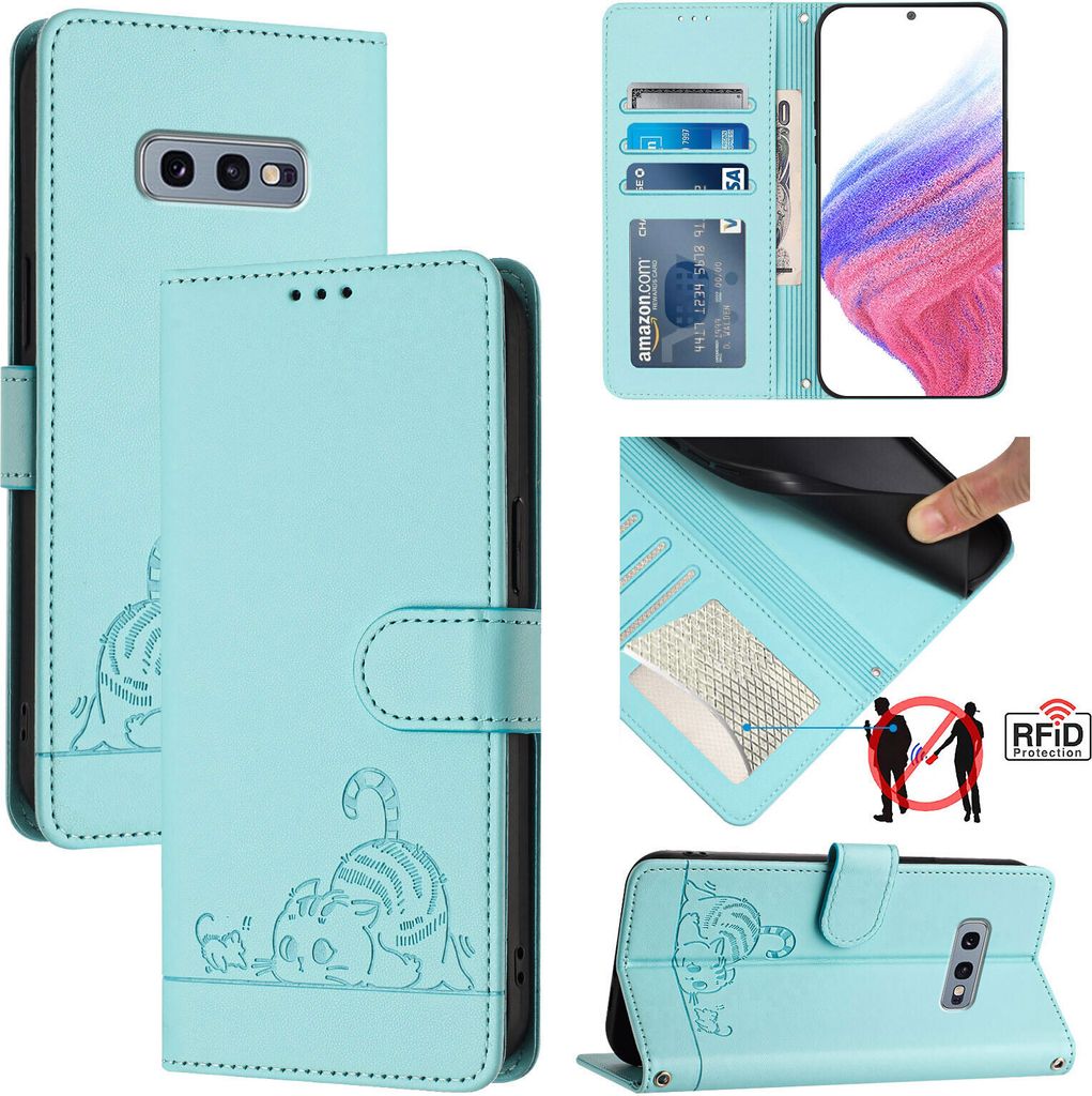 Leder Hülle für Samsung Galaxy S10e Süße Katze Flip Case Brieftasche Schutzhülle mit Standfunktion hellgrün