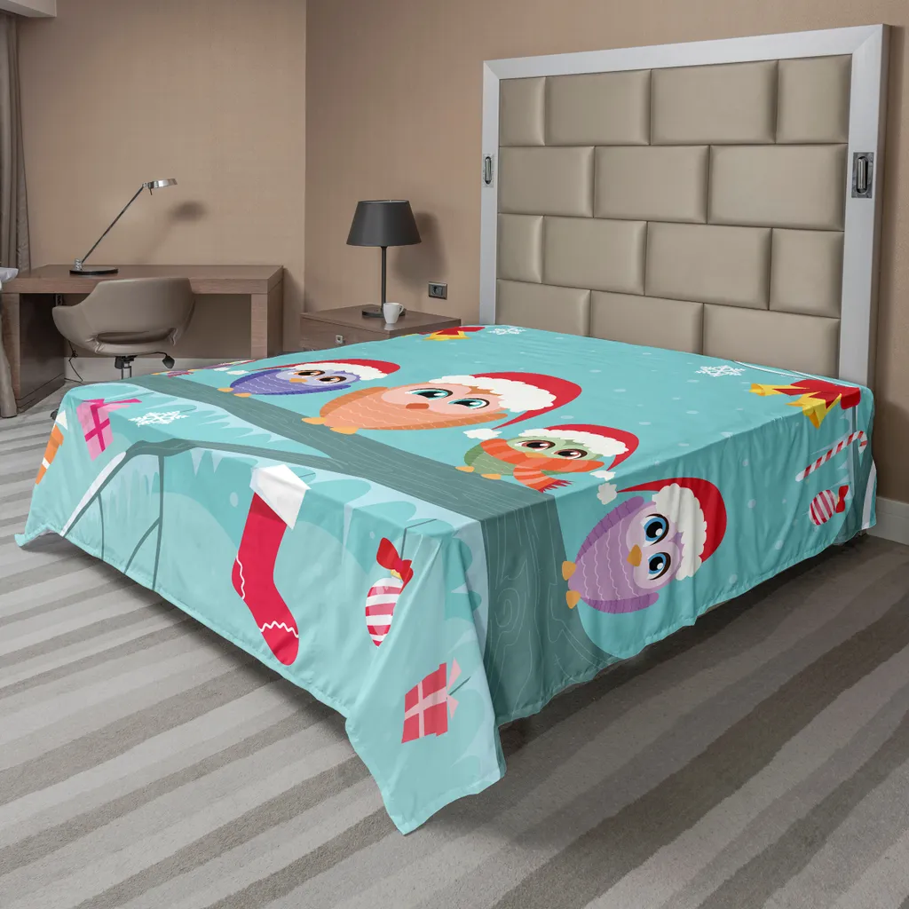 ABAKUHAUS Drap de Lit Noël Chouettes Elfes 244 x 205 cm Multicolore