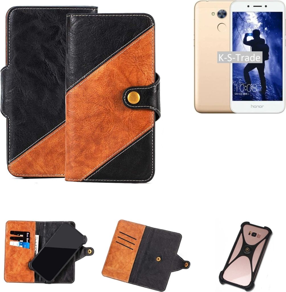 K-S-Trade Handyhülle Schutzhülle Bookstyle Case Wallet-Case kompatibel mit Huawei Honor 6A Handy Cover Bumper Klapphülle schwarz hellbraun 1x