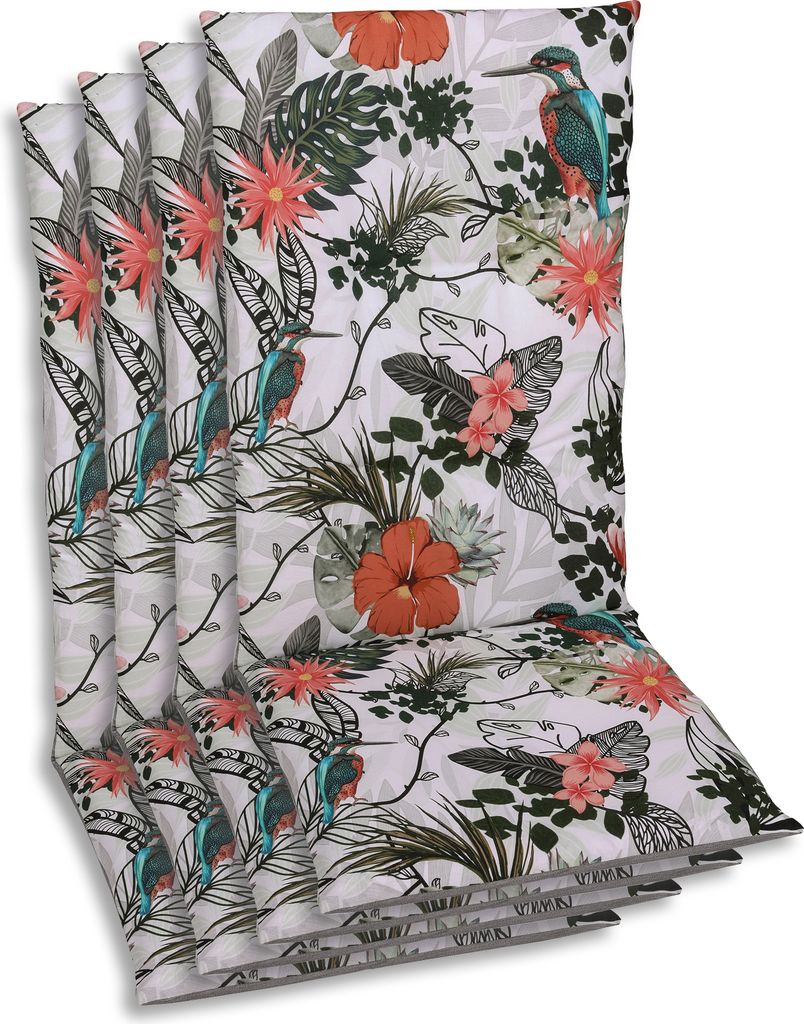 A stack of four chair cushions with a tropical bird and floral pattern.