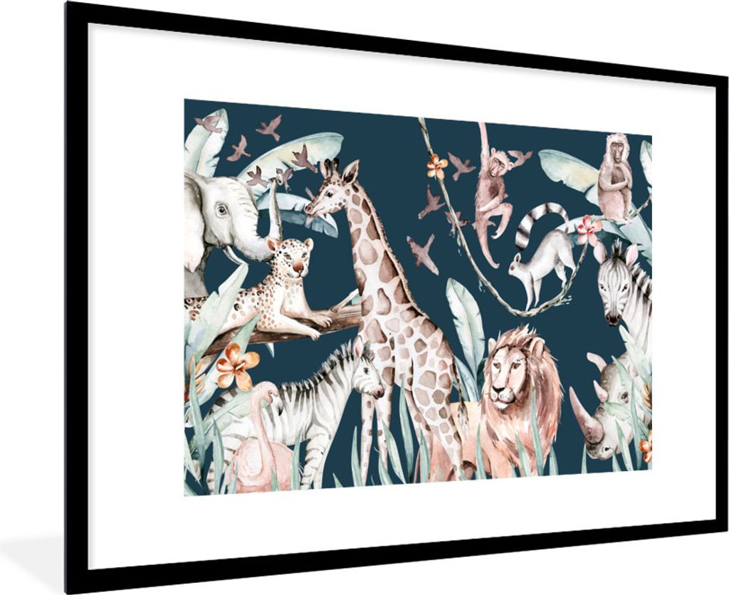 MuchoWow MuchoWow Gerahmtes Poster Wasserfarben - Tiere - Elefant - Flamingo - Jungen - Blau - Kinder - Kinder 90x60 cm - Poster mit zchwarzem ...