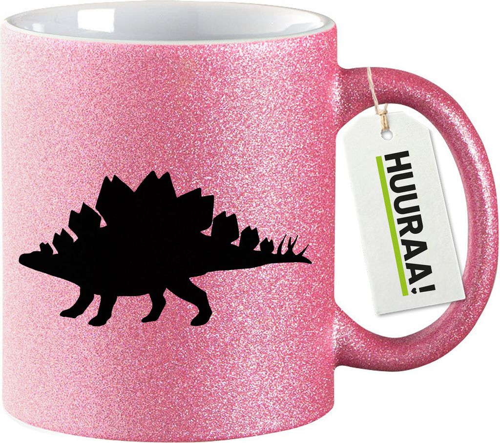 Huuraa Glitzertasse Stegosaurus Dinosaurier 330ml Pink Keramik Kaffeebecher Geschenkidee
