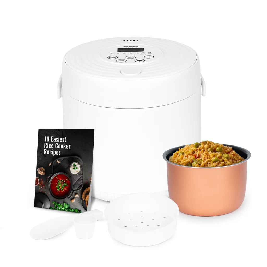 Noaton RC120W, cuociriso multifunzione, 2 l, 6 programmi, funzione di mantenimento della temperatura, timer, vassoio per cottura a vapore, fino a 8 persone, 400 W, colore bianco