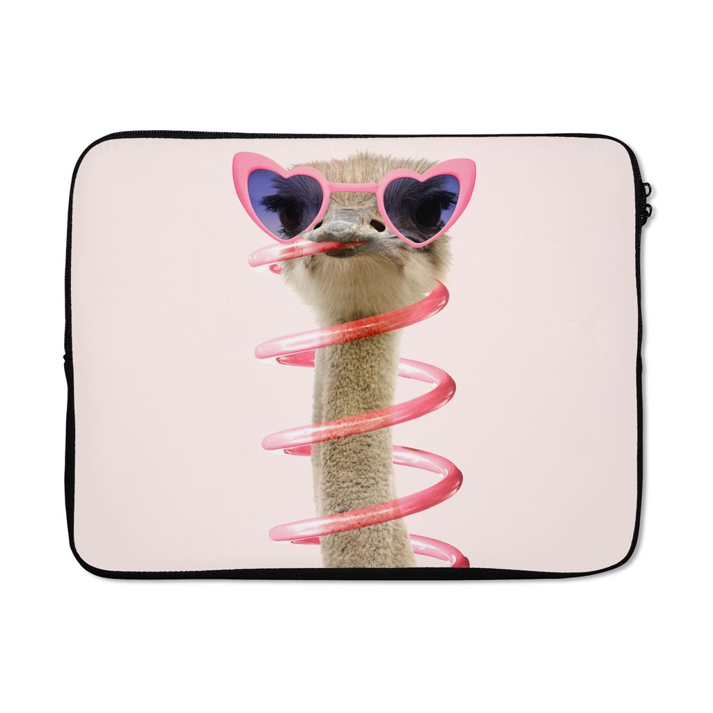 MuchoWow Laptop Hülle 15 Zoll Strauß - Sonnenbrille - Rosa - Tiere Laptoptasche - Laptoptasche - Sleeve - Rundum-Schutz