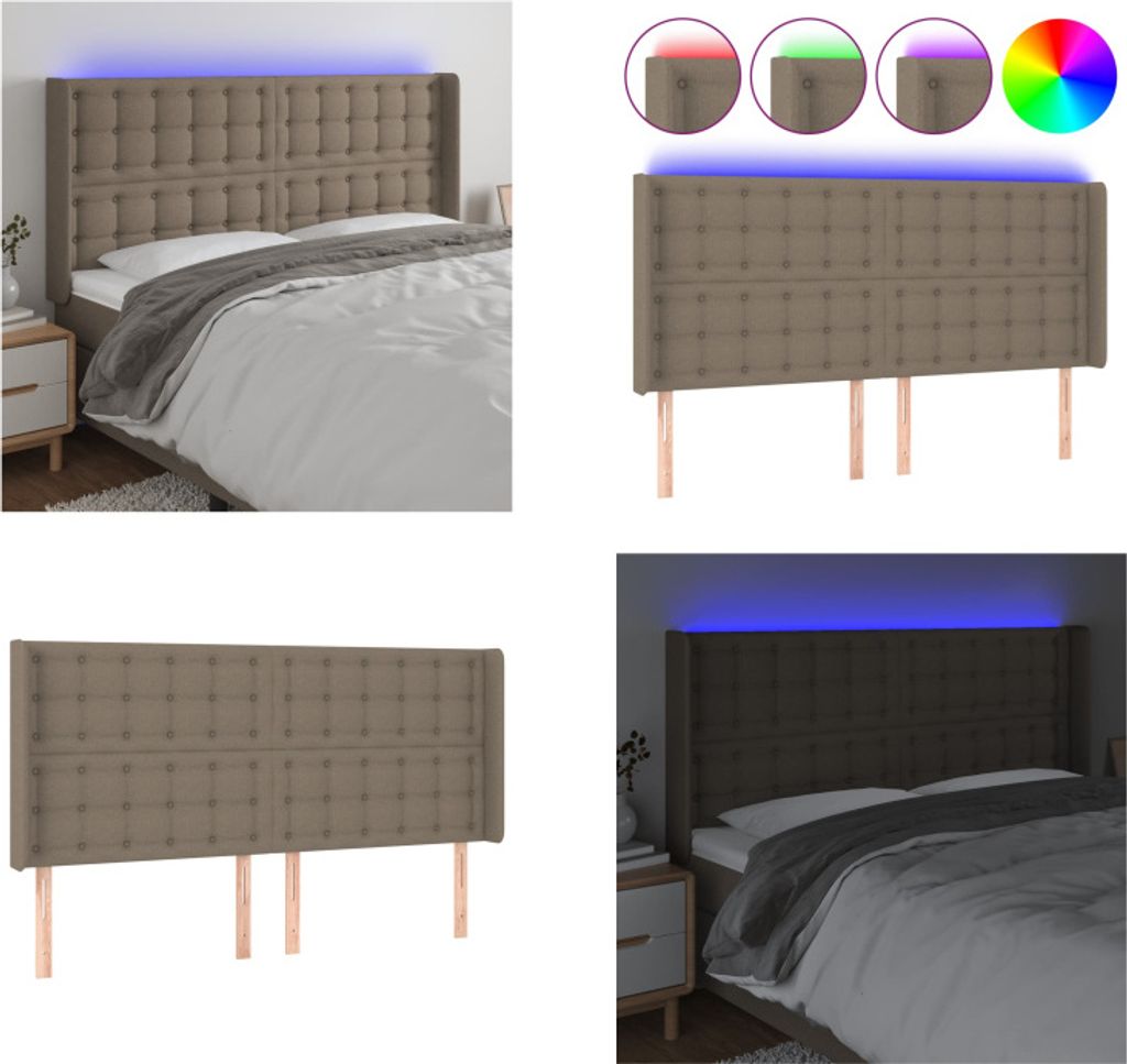 vidaXL LED Kopfteil Taupe 183x16x118/128 cm Stoff - LED Kopfteil - LED Kopfteile - Kopfteil - Bett-Kopfteil