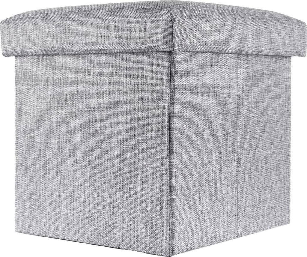 A gray fabric storage ottoman with a lid, shown from a three-quarter angle against a white background.