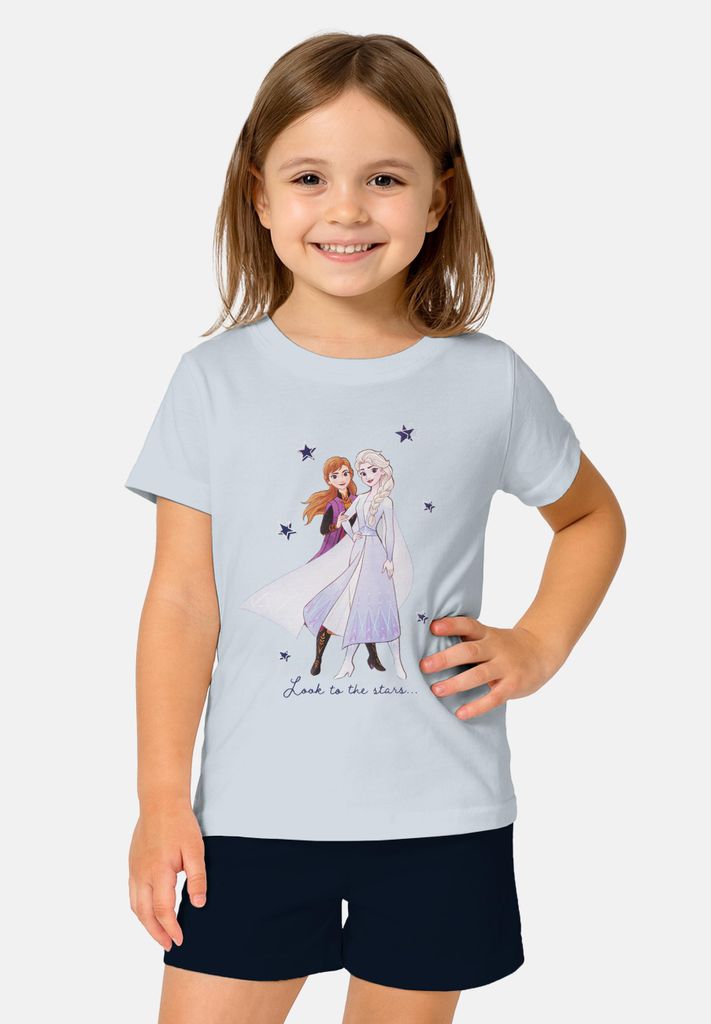 Disney Frozen - Die Eiskönigin Schlafanzug für Mädchen - Look to the Stars Kinder Pyjama Set Kurzarm Oberteil mit Hose Blau/Schwarz 122-128