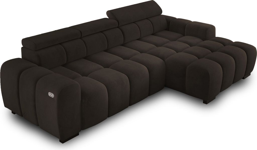 Ecksofa OMBO 285x168x77/97 cm, Rechte Seite Mit Schlaffunktion, Elektrisch Ausziehbarer Sitzfläche, Verstellbaren Kopfstützen, Dunklen Buchenholz...