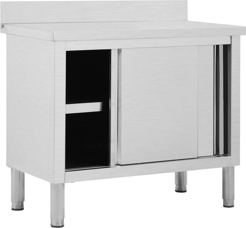 A stainless steel cabinet with sliding doors and adjustable legs, shown against a white background.