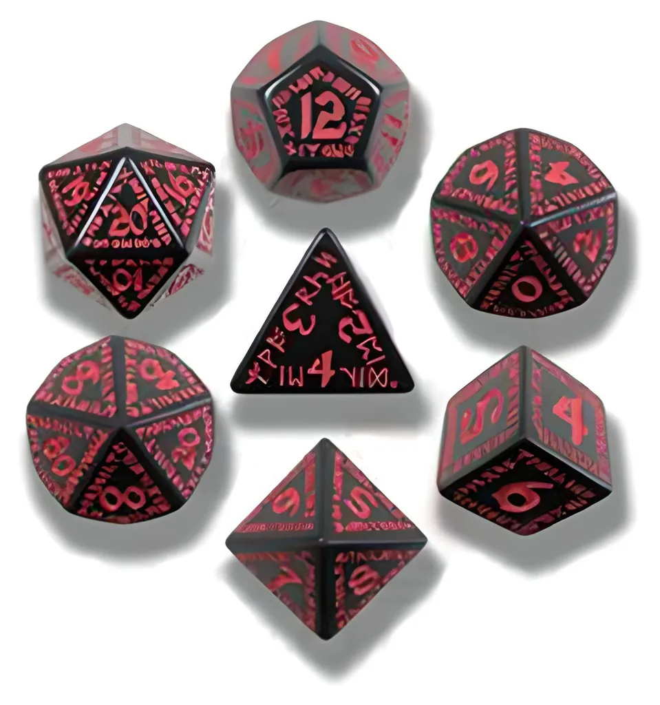 Dés RuneQuest SRUN06 Noir et Rouge : Set Complet de 7 Dés Haute Visibilité