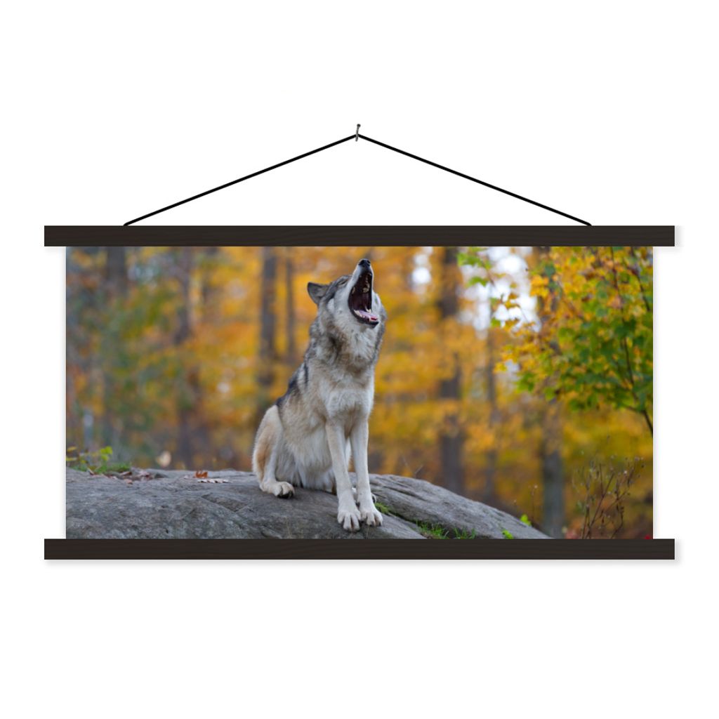 MuchoWow Textilposter Wolf - Stein - Wald - Herbst 60x30 cm mit schwarzem Rahmen - Textilien