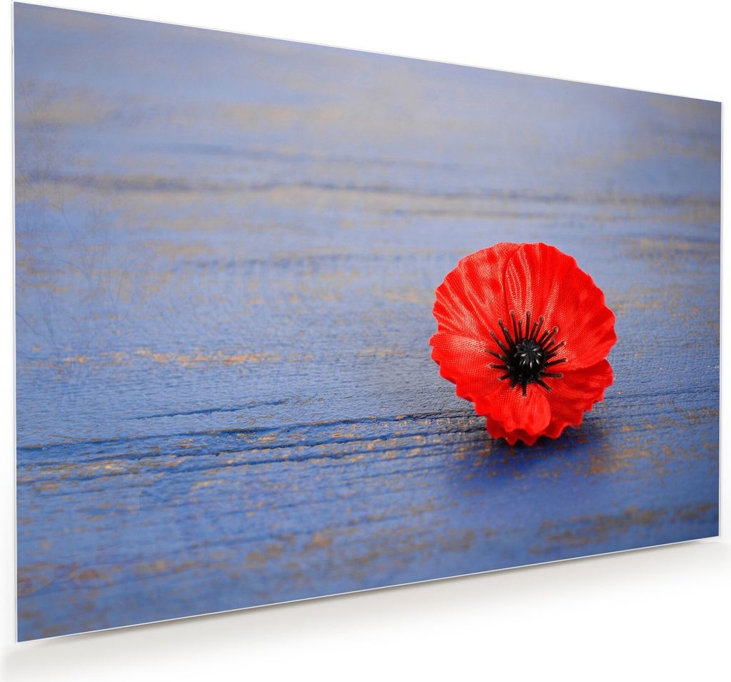 Glasbild Wandbild Blüte auf Holztisch 90x60cm in XXL für Wohnzimmer, Schlafzimmer, Badezimmer, Flur