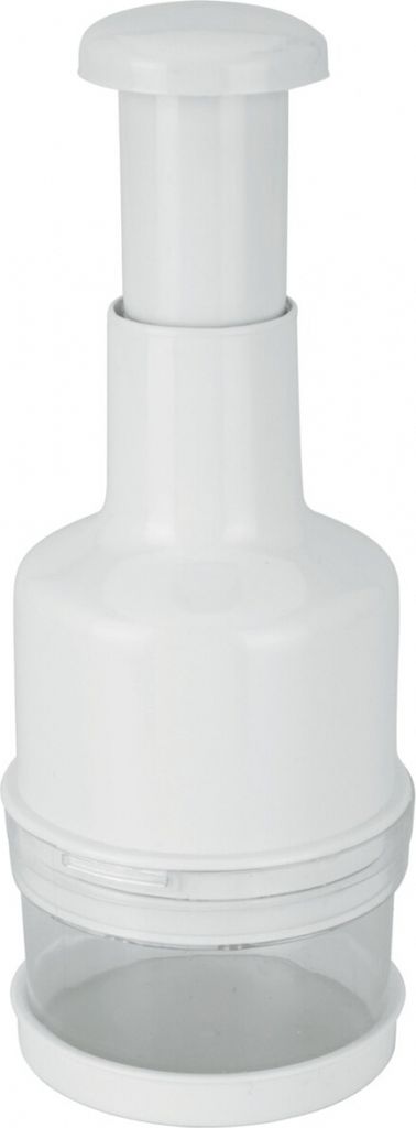 A white manual food chopper is shown against a white background.