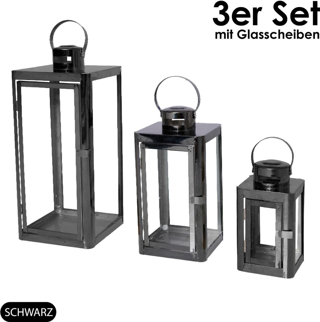 3er Set Edelstahl Laterne Gartenlaterne Windlicht Kerzenhalter Glasscheibe Deko schwarz