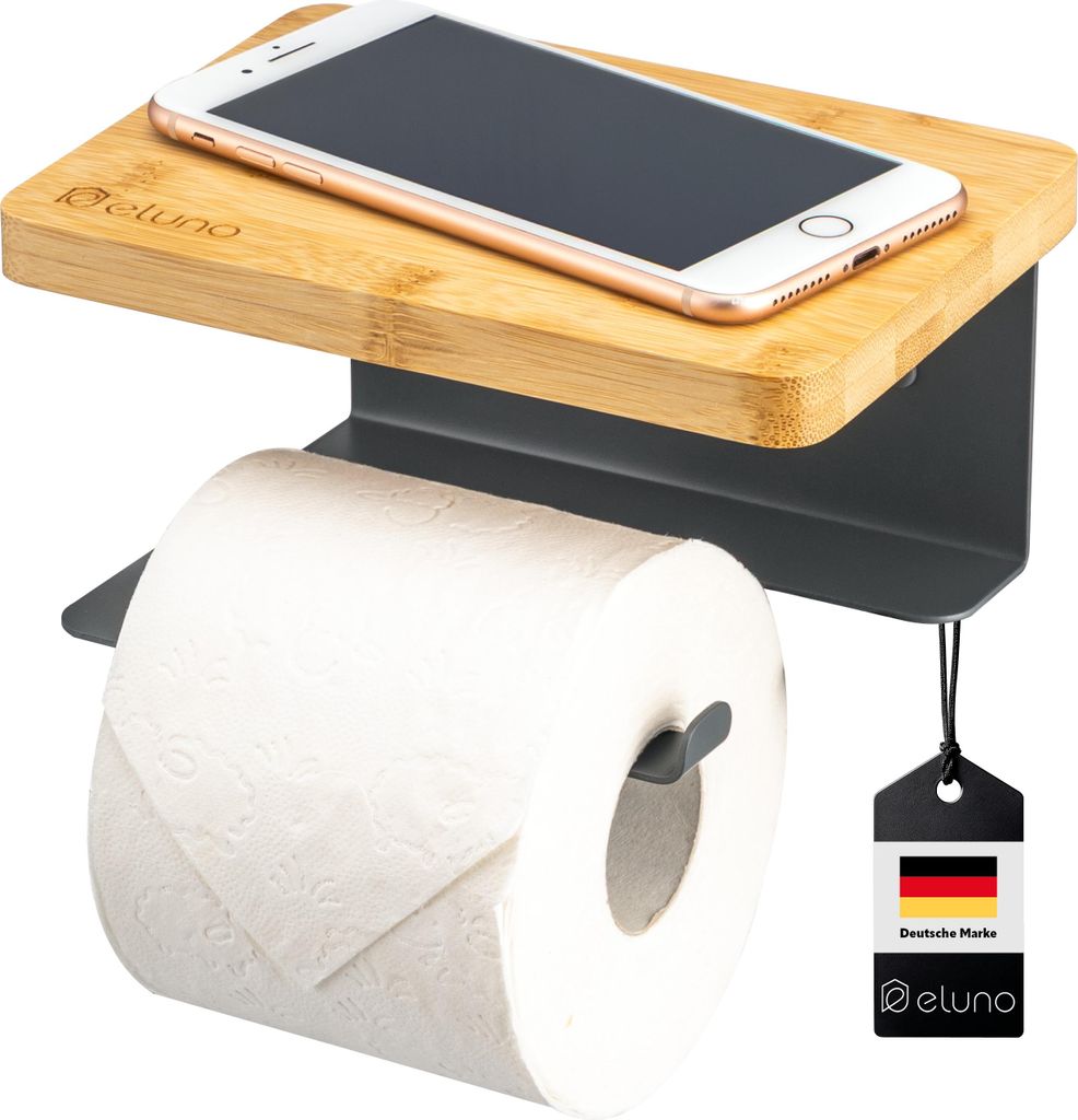 eluno Toilettenpapierhalter VARAZ mit Ablage aus Bambus, selbstklebender Toilettenpapierrollenhalter, aus grauem Metall