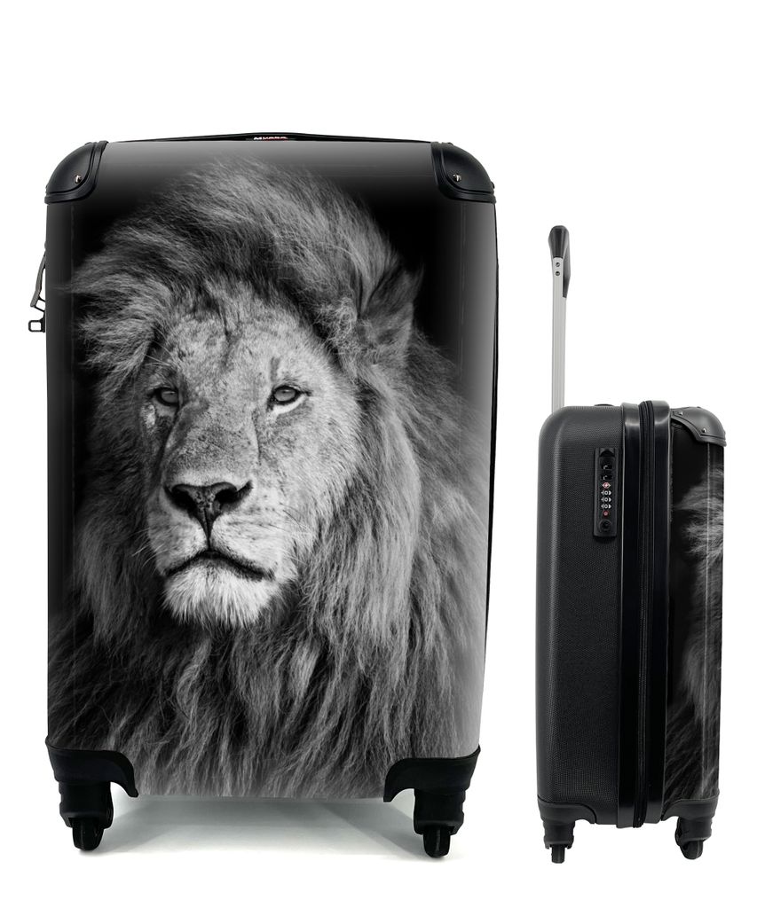 MuchoWow Koffer Handgepäck Trolley Rollkoffer Kleine Reisekoffer mit 4 Rollen - Wildlife - Löwe - Schwarz - Weiß - Cabin Size < 55x40x23 cm & ...