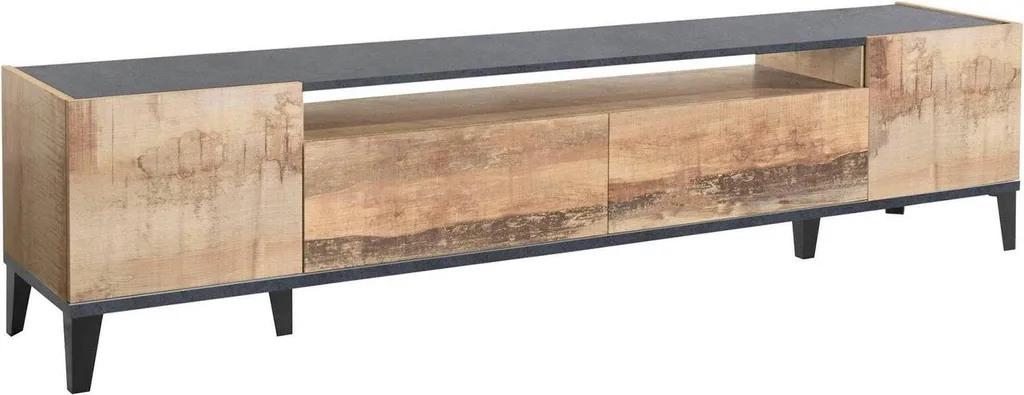 Meuble TV Design pour Grand Salon, Abina 200 cm Érable Brun et 2 Tiroirs