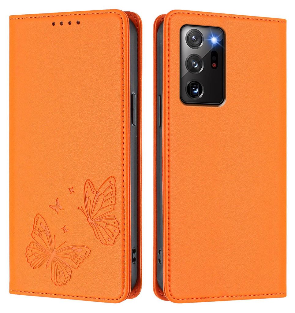 Lederhülle für Samsung Galaxy Note 20 Ultra, Schmetterling Prägung Leder Brieftasche Schutzhülle mit Ständer Orange