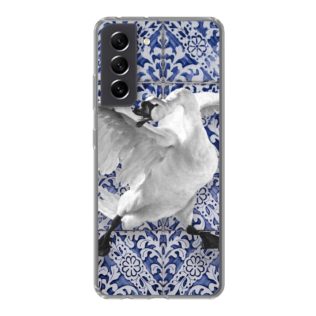 MuchoWow Handyhülle Schutzhülle Hülle für Samsung Galaxy S21 FE Schwan - Kunst - Delfter Blau - Malerei - Alte Meister Silikon Softcase Handy...