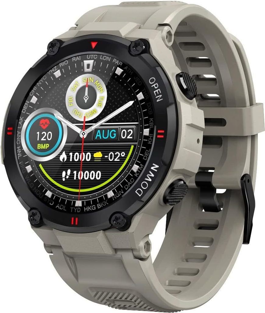 Smartwatch für Herren wasserdicht, taktisch, mit Schlafmonitor, Schrittzähler, Kalorienzähler, Stoppuhr, Bluetooth-Anruf fur Android IOS